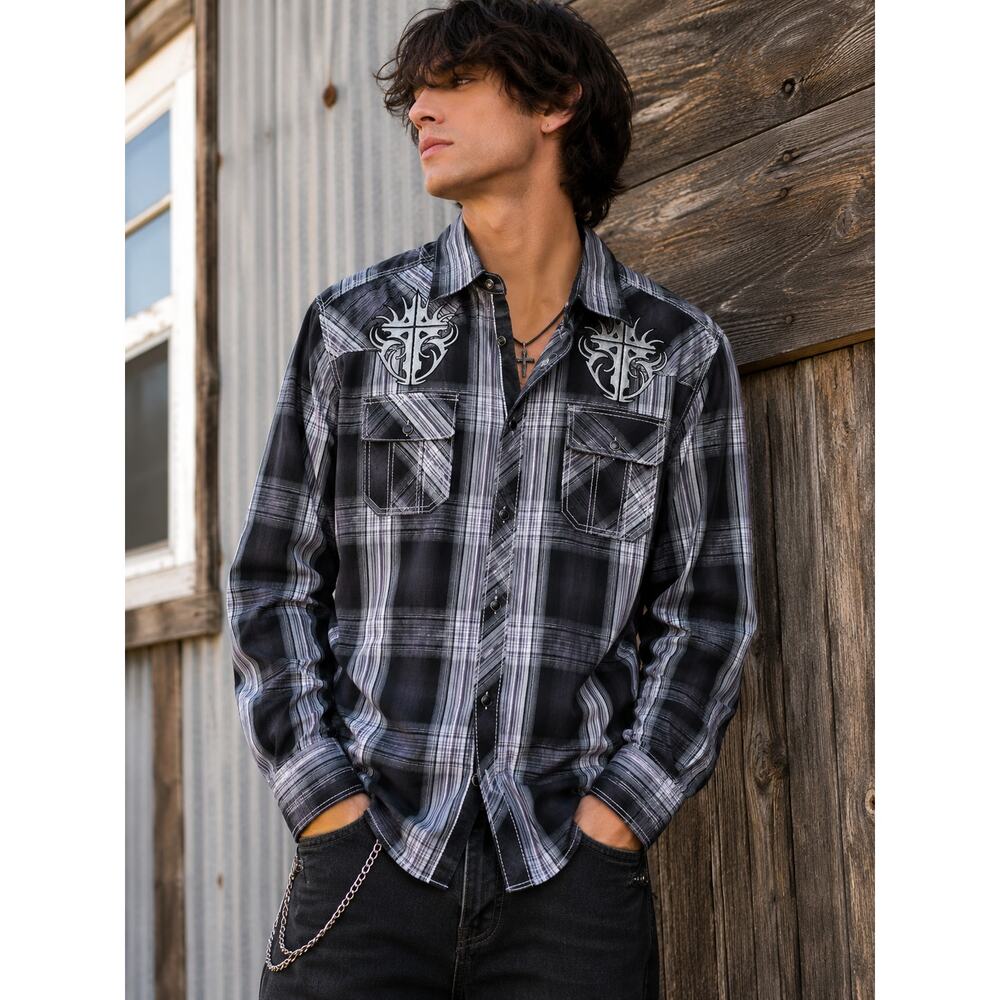CJ Black Pearl Snap Western Plaid Embroidered Cowboy Shirt XL